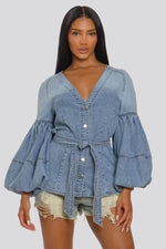 Load image into Gallery viewer, Denim Bubble Sleeves Top

