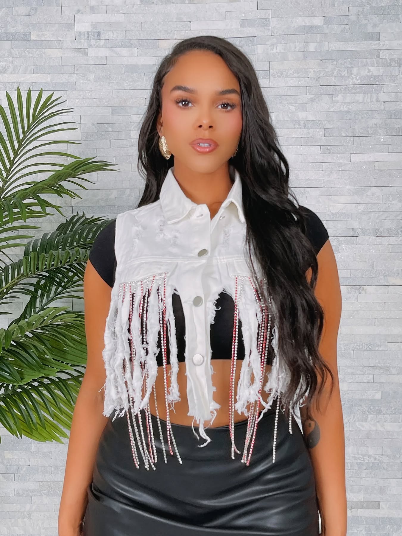Denim Rhinestone Fringe Vest