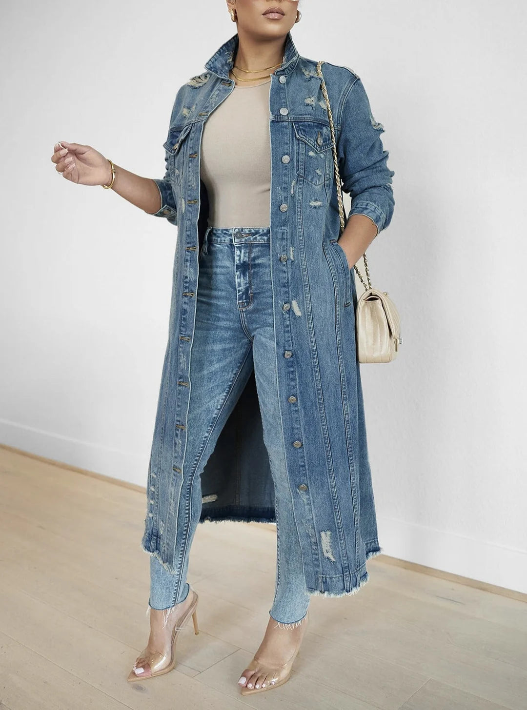 Angel Distressed Long Denim Jacket