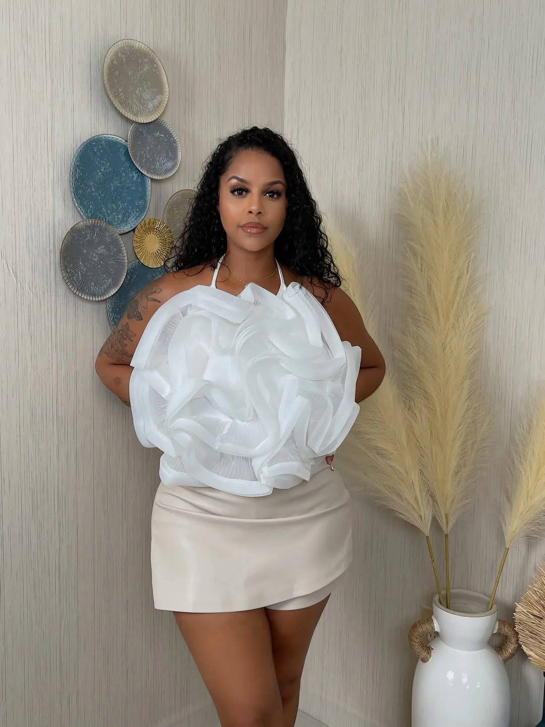 White Organza Flower Ruffle Blouse