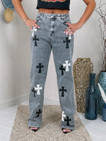 Load image into Gallery viewer, DENIM LEATHER CROSS PATCH PANTS
