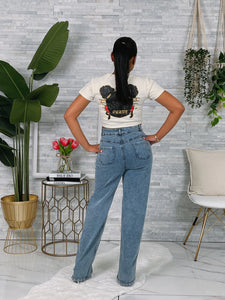 DENIM LEATHER CROSS PATCH PANTS