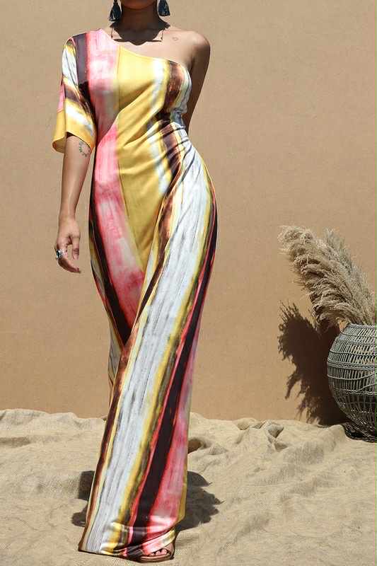 Stripe Mix One Shoulder Dress