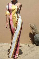 Load image into Gallery viewer, Stripe Mix One Shoulder Dress
