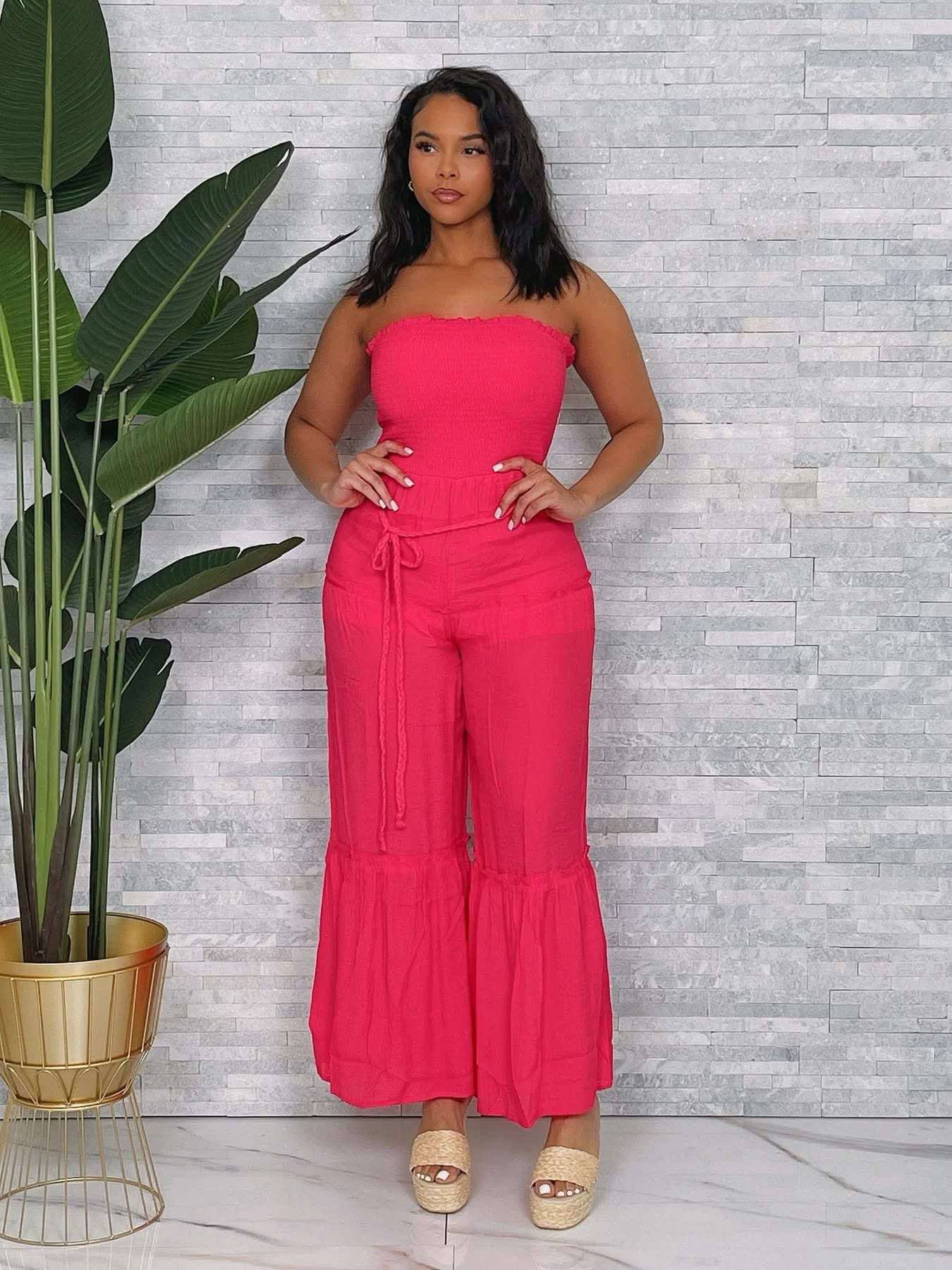 TUBE WIDE LEG JUMPSUIT W/ WAIST TIE